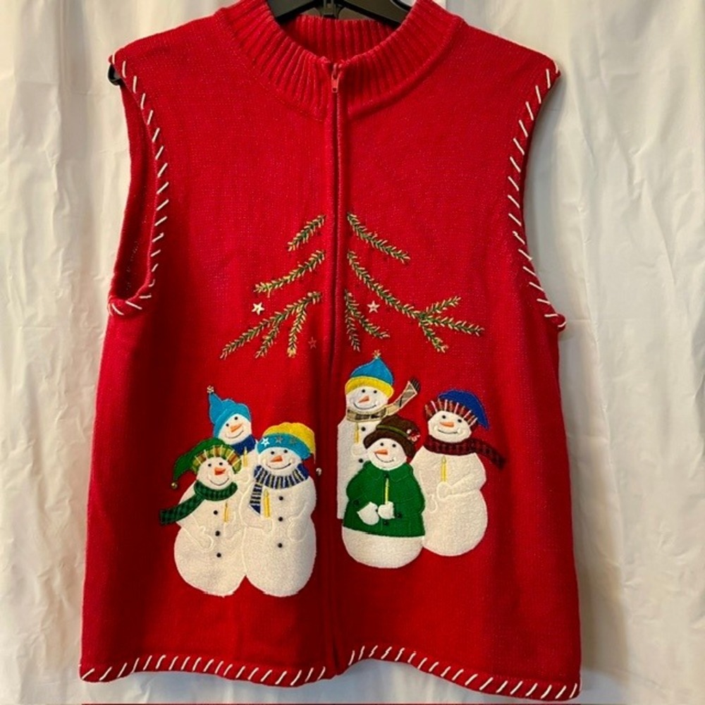 Vtg XL Designers Originals Snowman Christmas Sweater Zip Vest Ugly Festive 90s